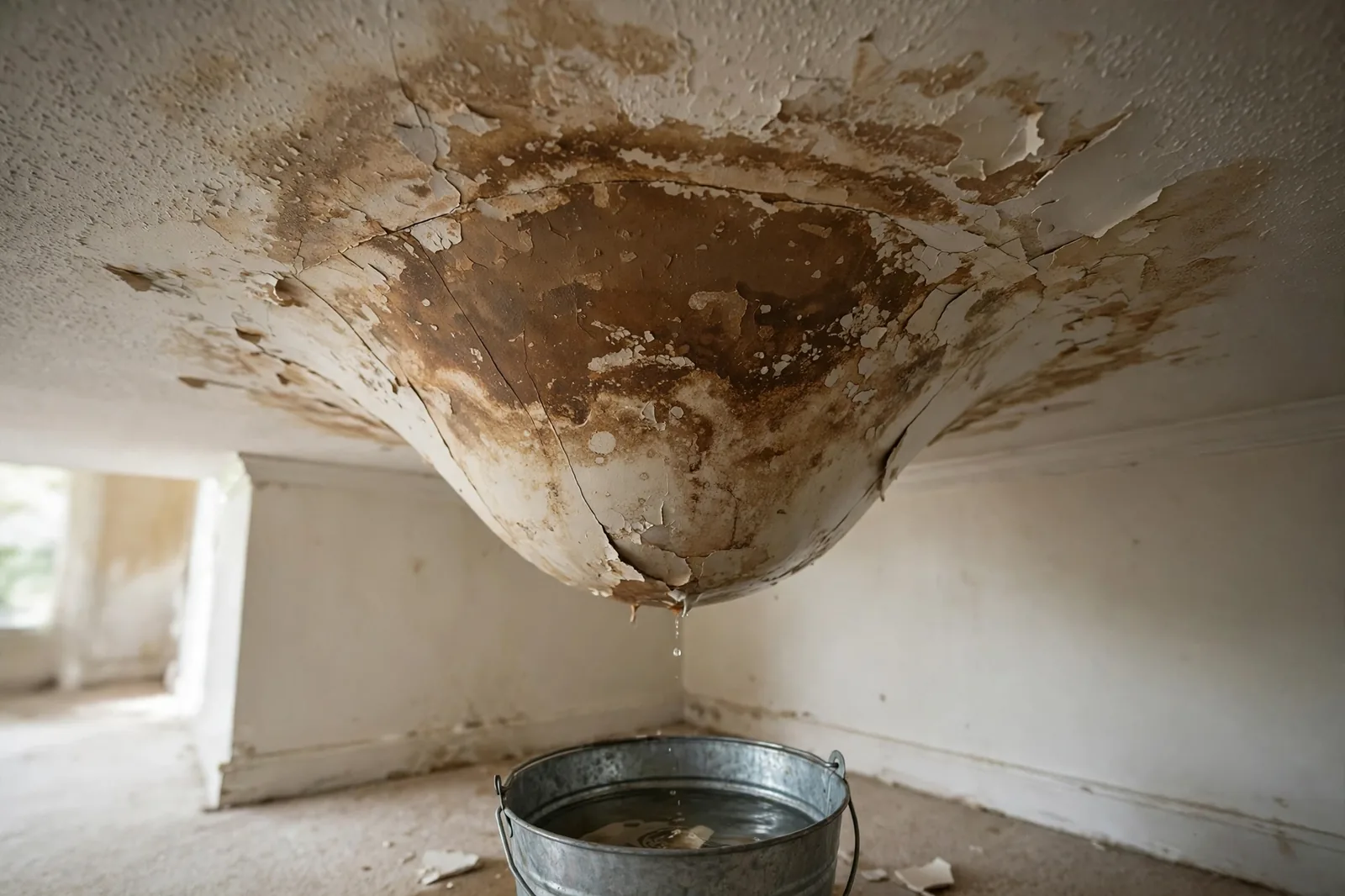 Water-stained ceiling with a sagging patch of drywall