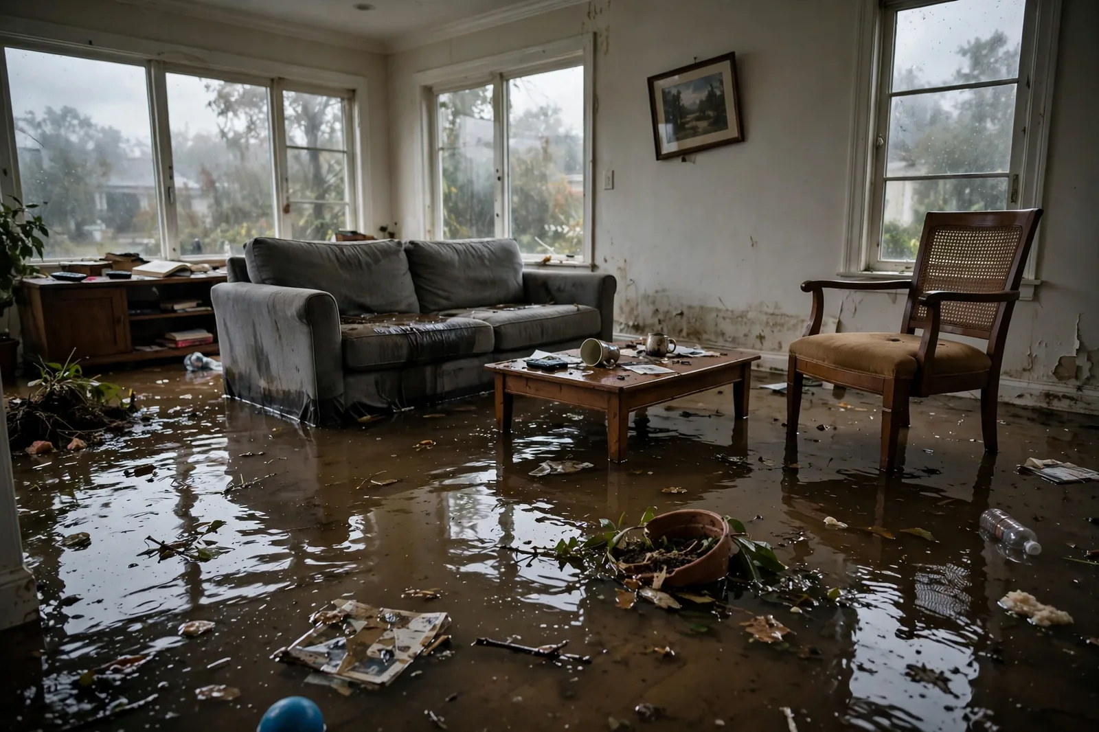 Flooded living room in a Boca Raton home after heavy rain