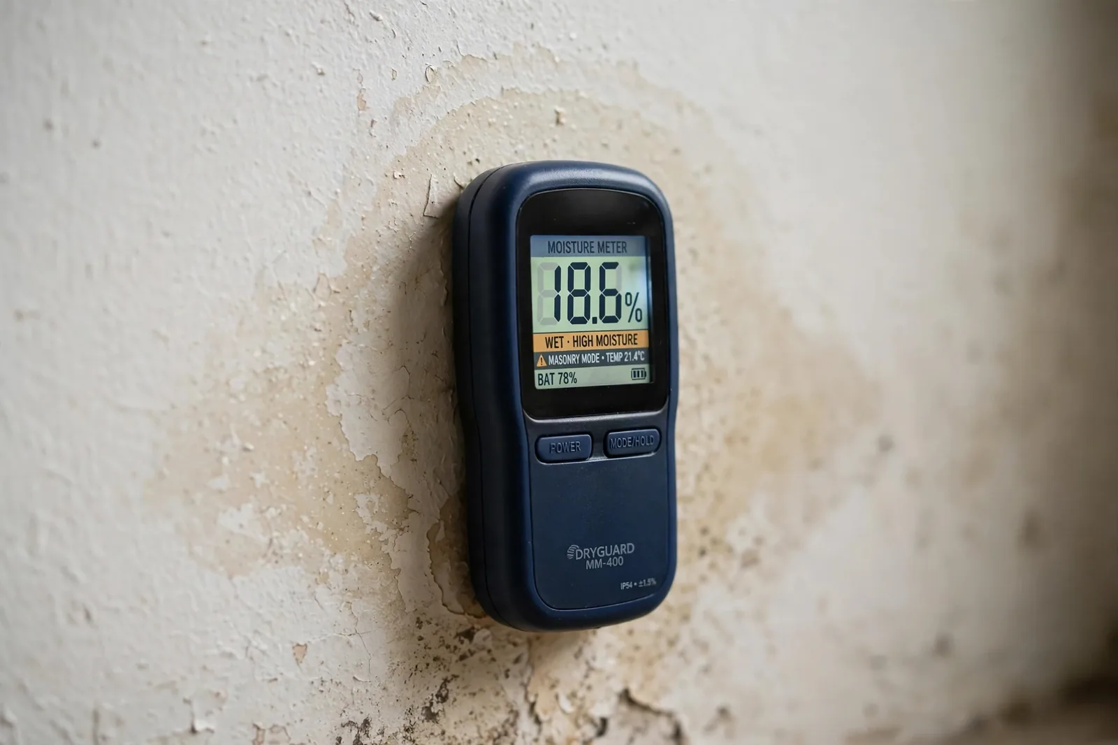 Moisture meter checking a damp wall during a water damage check
