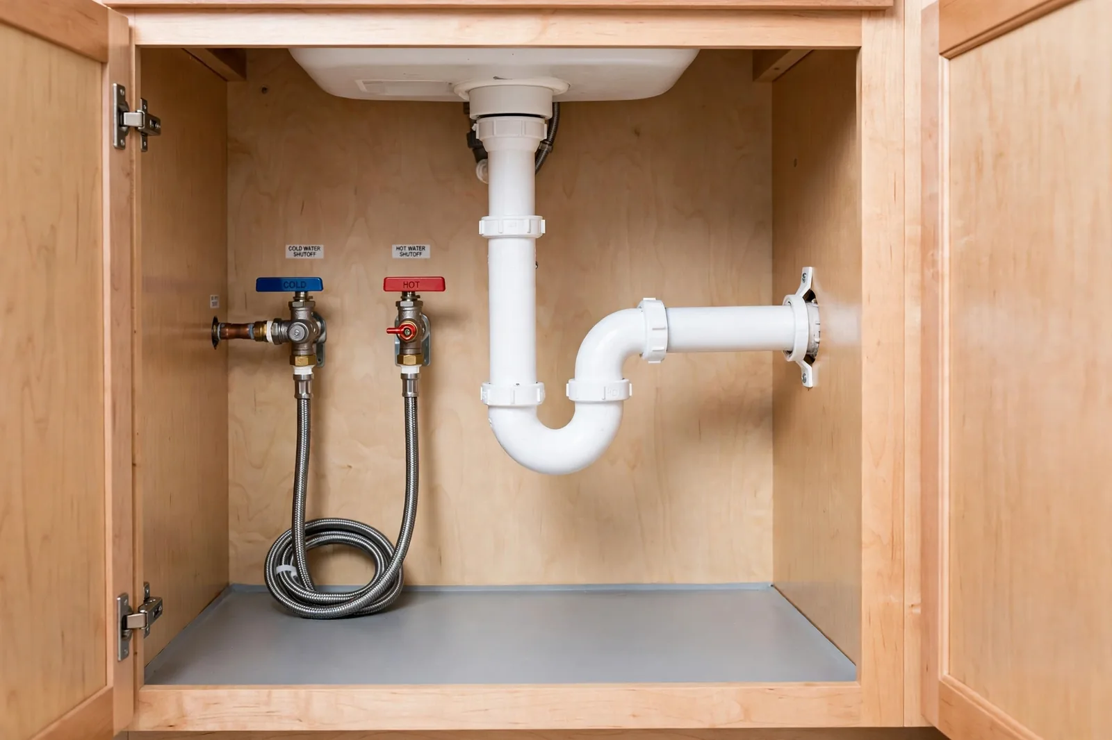 Clean drain plumbing under a sink, the kind involved in a sewage backup