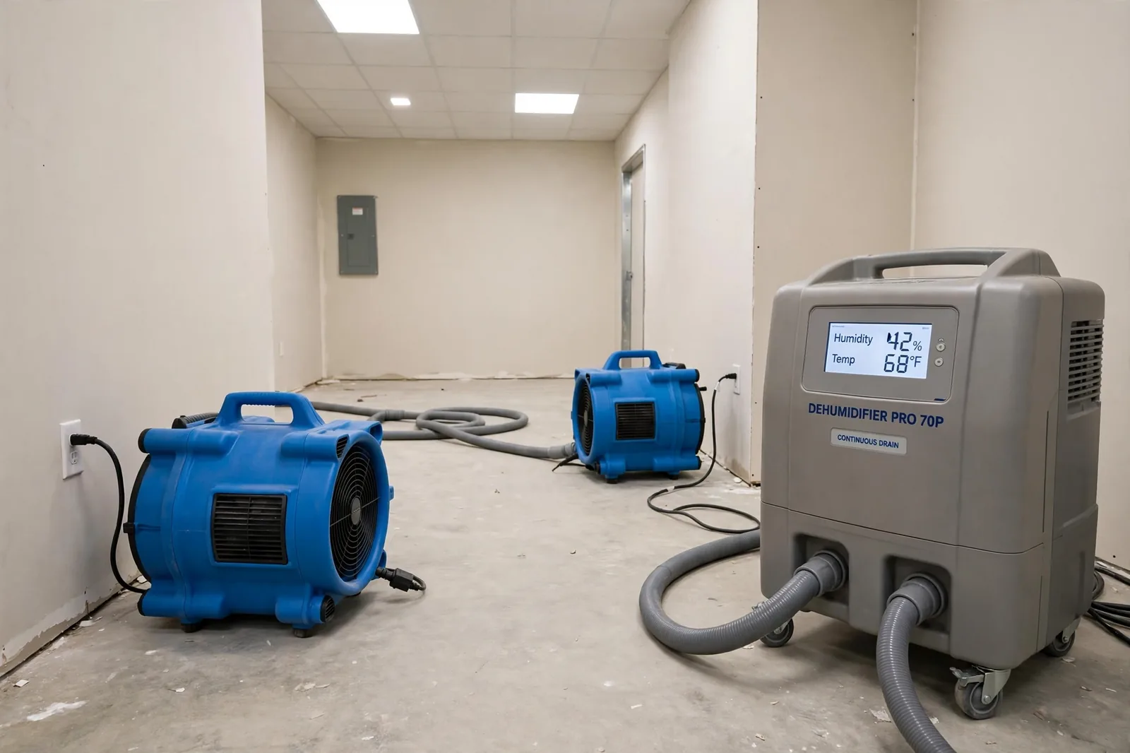 Air mover and dehumidifier drying a room after water damage